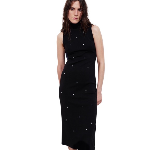 Zara black mock neck fall winter midi maxi dress rhinestone sleeveless stretchy - Picture 1 of 7
